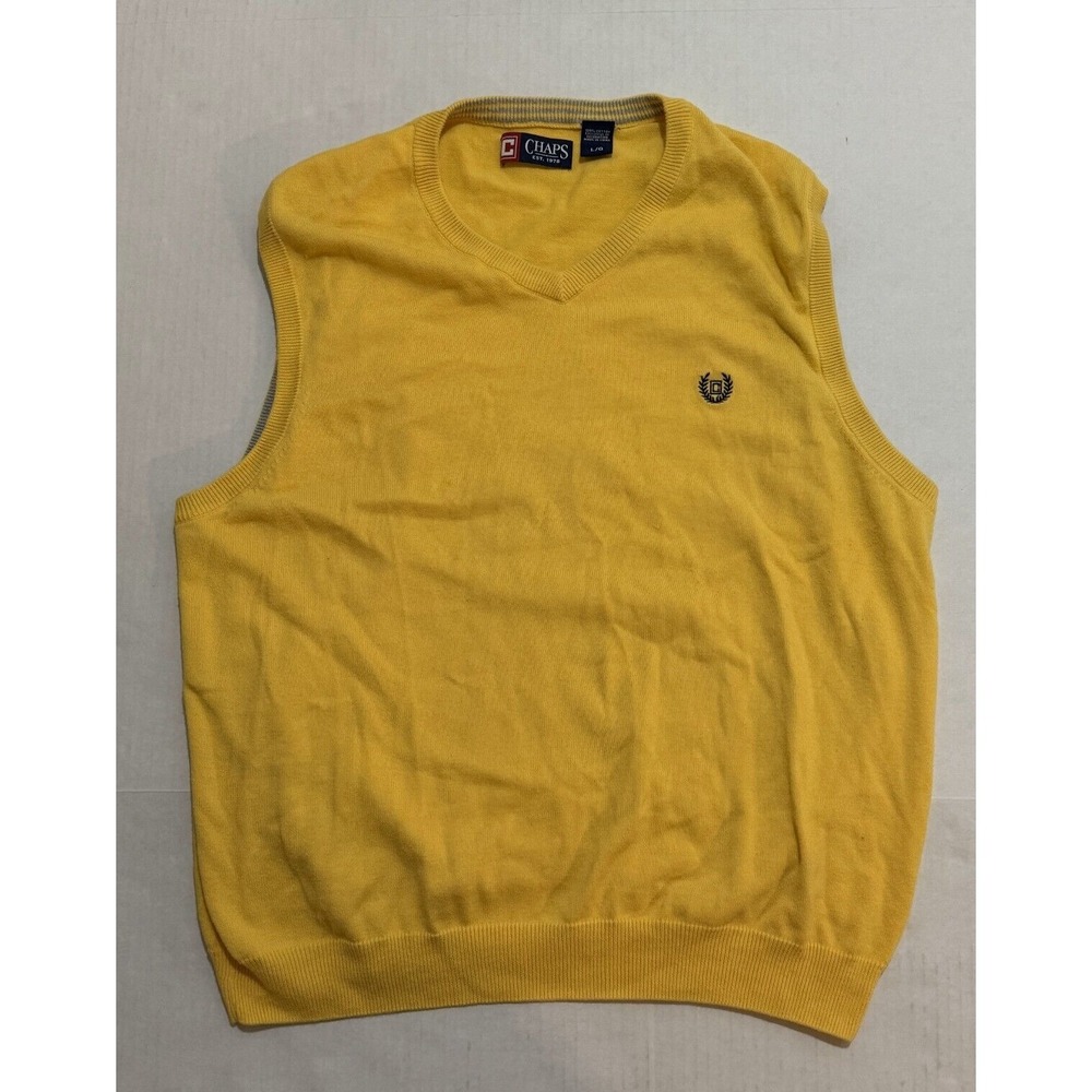 Chaps Vest Sweater Men's Large‎ Yellow 100% Cotton V-Neck Logo Classic Pullover